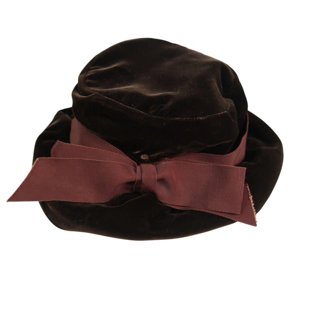 Vintage 60s Miss Lynn Dark Brown Velvet Floppy Cloche Hat Bow Ribbon - Picture 1 of 7